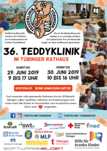 Samstag 29. Juni 2019 (9 bis 17 Uhr) und 30. Juni 2019 (10 bis 16 Uhr) Medizinstudierende machen das Rathaus zur Krankenstation für kranke Kuscheltiere! Durch die Behandlung der Teddies & Co wird den Kindern auf spielerische Art und Weise die Angst vor dem Arztbesuch genommen. Euch erwarten viele spannende Stationen wie ein OP-Bereich, Röntgen, Labor, Apotheke, Zahnarzt, ein Krankenwagen und vieles mehr! Alle Kinder im Vorschulalter, ihre Kuscheltiere sowie Eltern sind herzlich eingeladen.